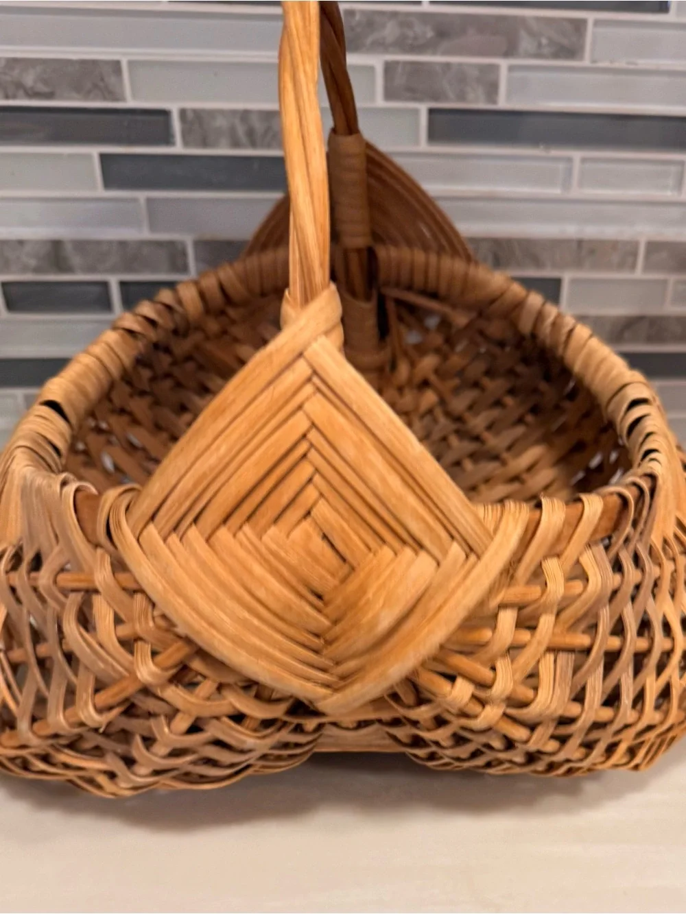Vintage Primitive Buttocks Basket Gods Eye Twisted Handle